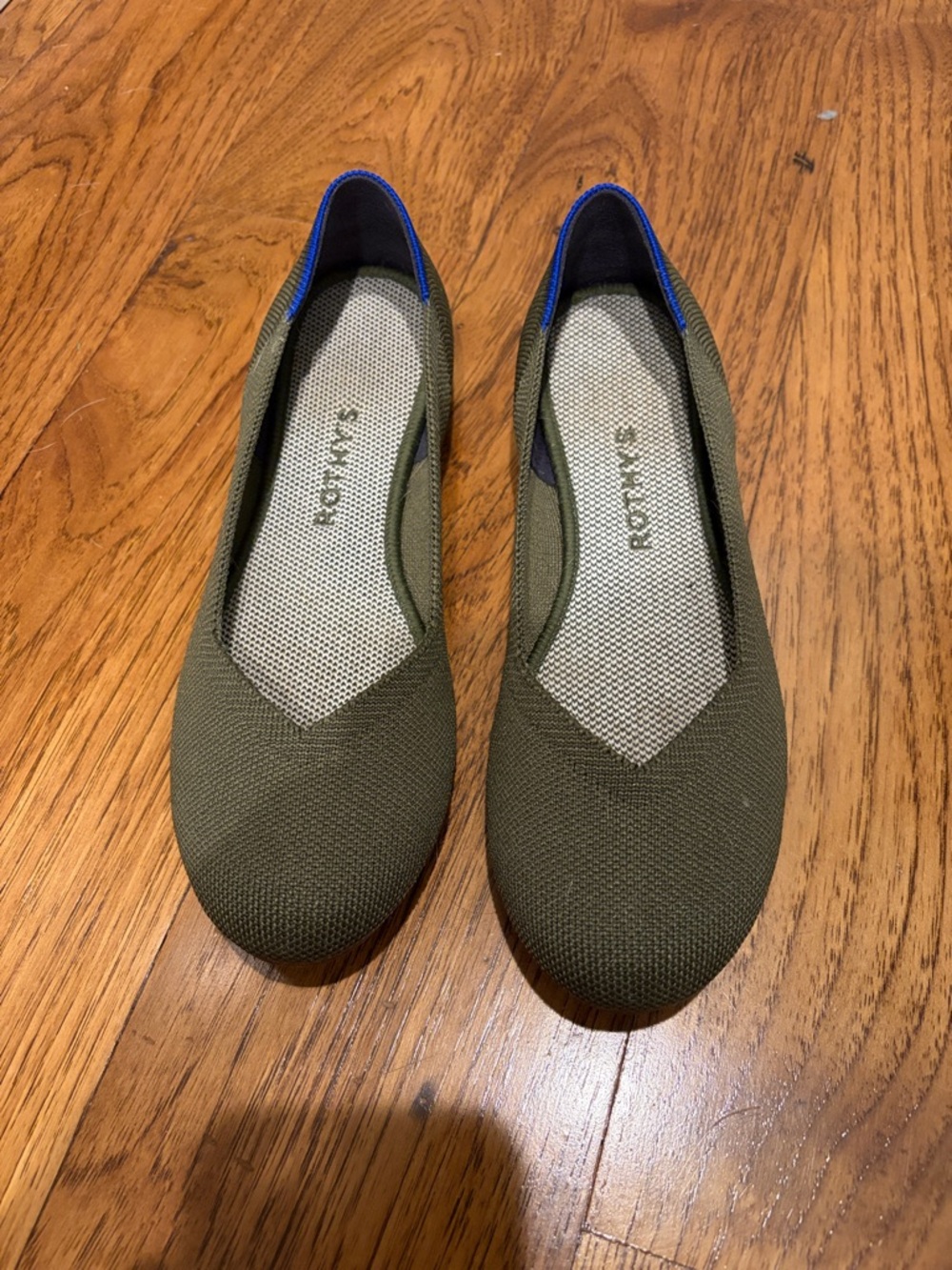 Rothy's Olive Green Knit Slip-On Flats with Blue Heel Trim
